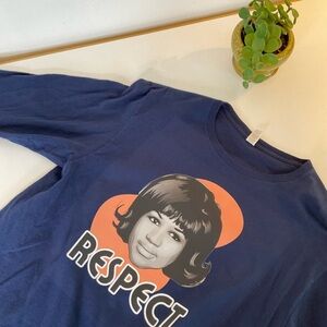 HANDMADE Aretha Franklin RESPECT Navy Long Sleeve Graphic Tee Large Retro Soul